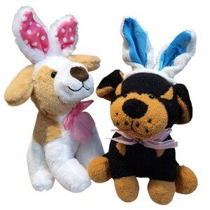 Dan Dee Easter Dog Plush Stuffed Toys With Bunny Ears & Ribbons 10" Set Of 2